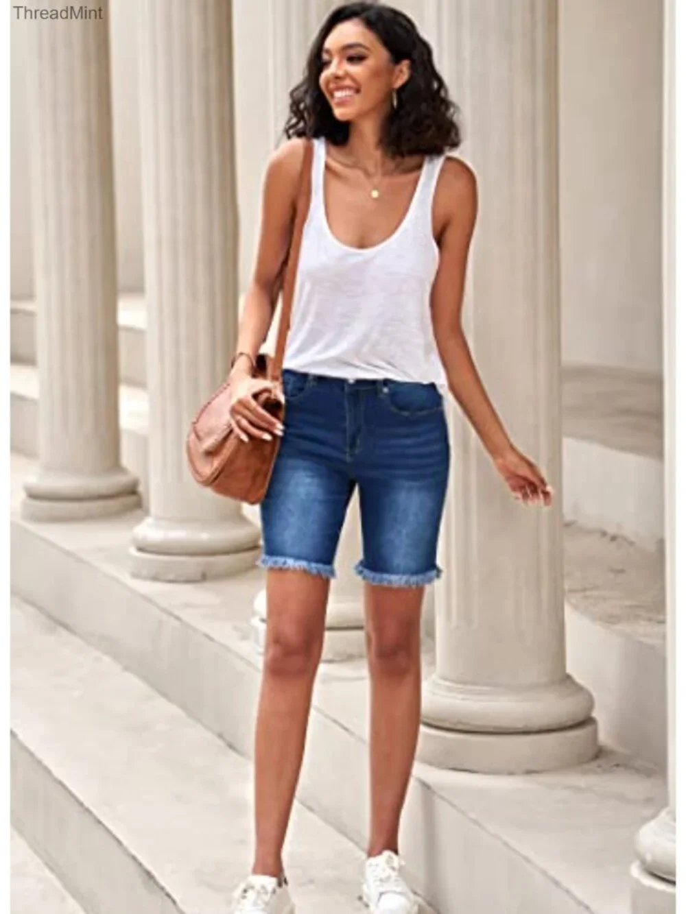 Frayed Ripped Bermuda Denim Shorts High Rise Stretchy Cotton Spandex